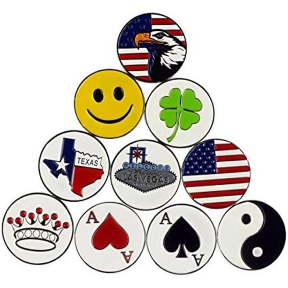 Lot of 10 Golf Ball Markers Assorted Patterns - Soft Enamel Technique